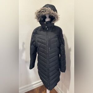 Eddie Bauer Long Black Down Puffer Jacket with Faux Fur Trim